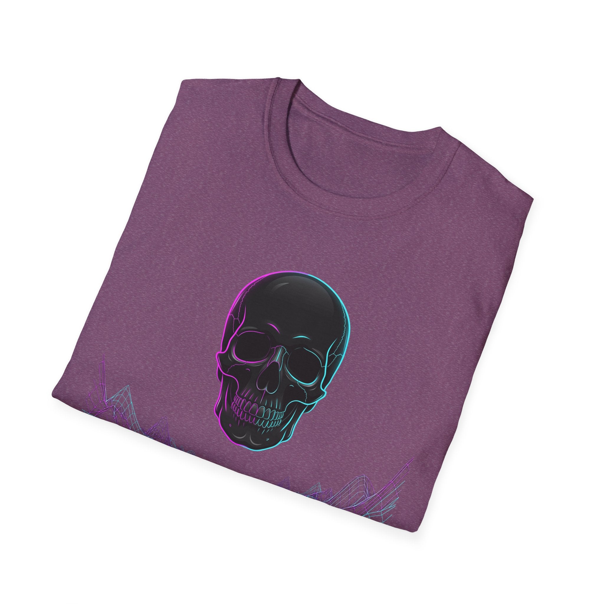 Heather purple T-shirt, neon skull graphic with skyline lines on front