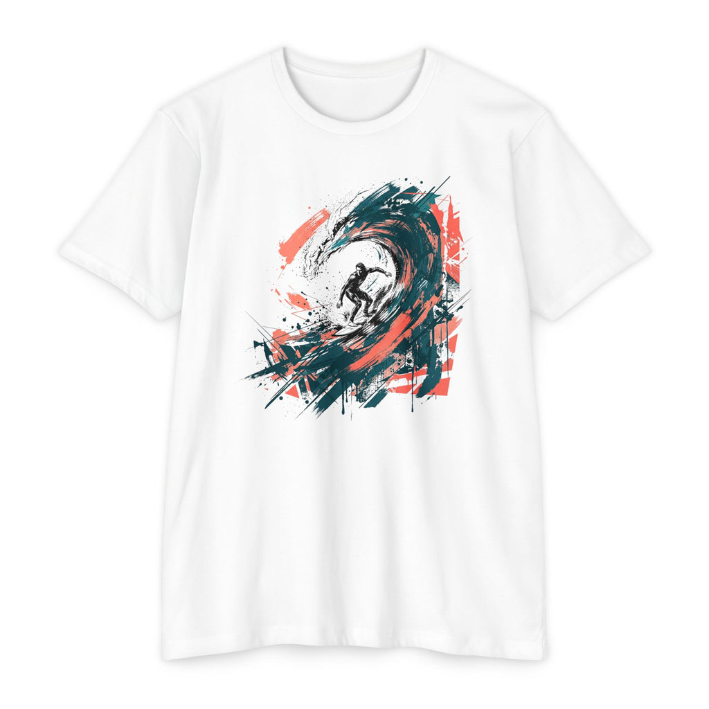 Unisex T-shirt in white with abstract surfer wave paintbrush graphic on front.