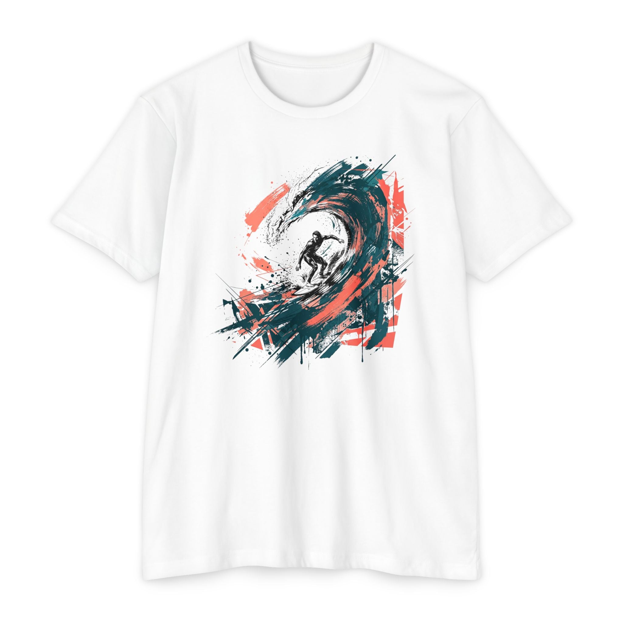 Unisex T-shirt in white with abstract surfer wave paintbrush graphic on front.