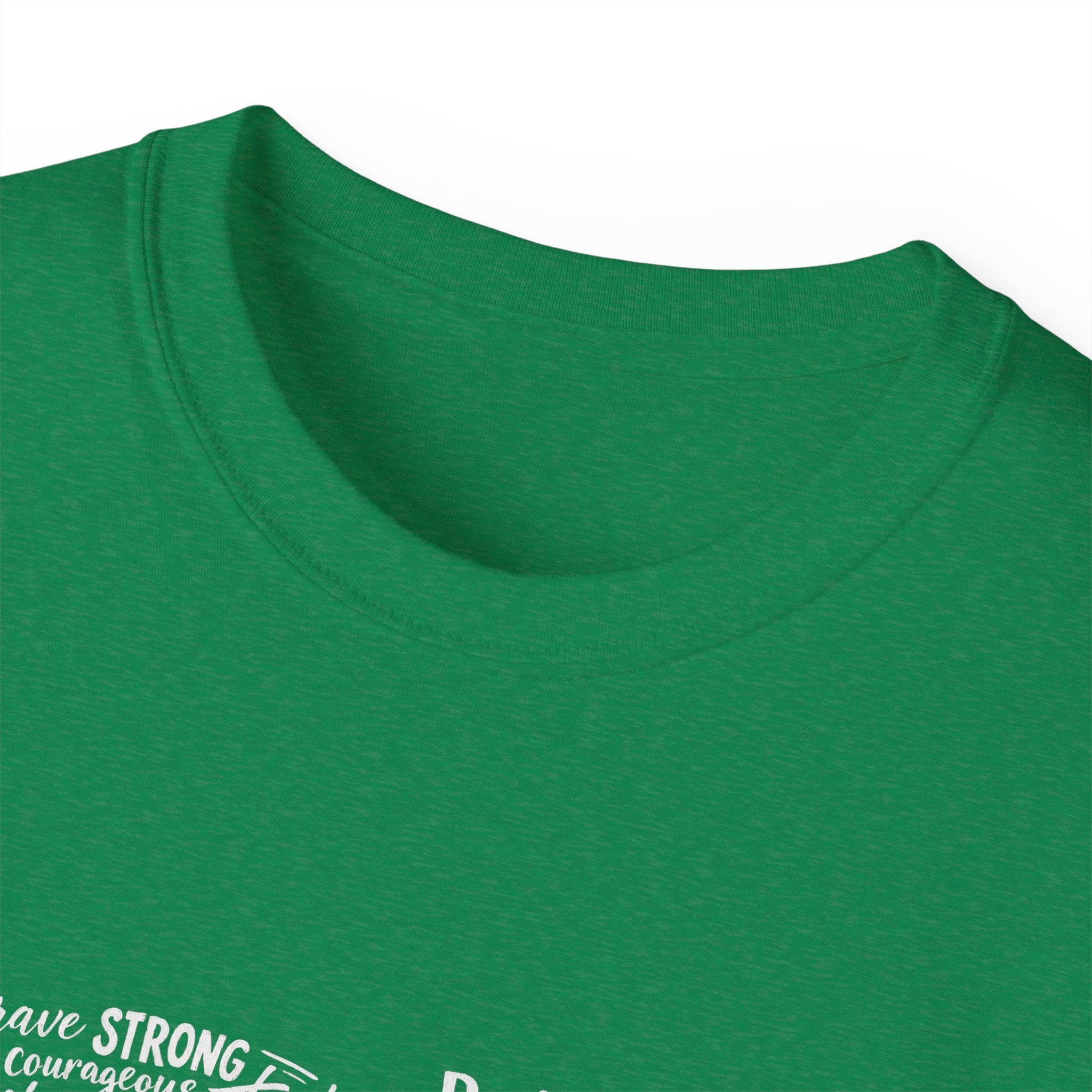Antique Irish Green crewneck Life tee close-up of collar and word text