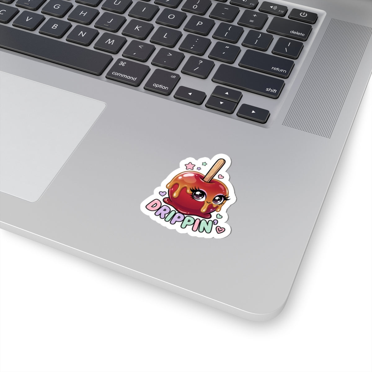 Dripping candy apple character sticker, white outline, pink and red
