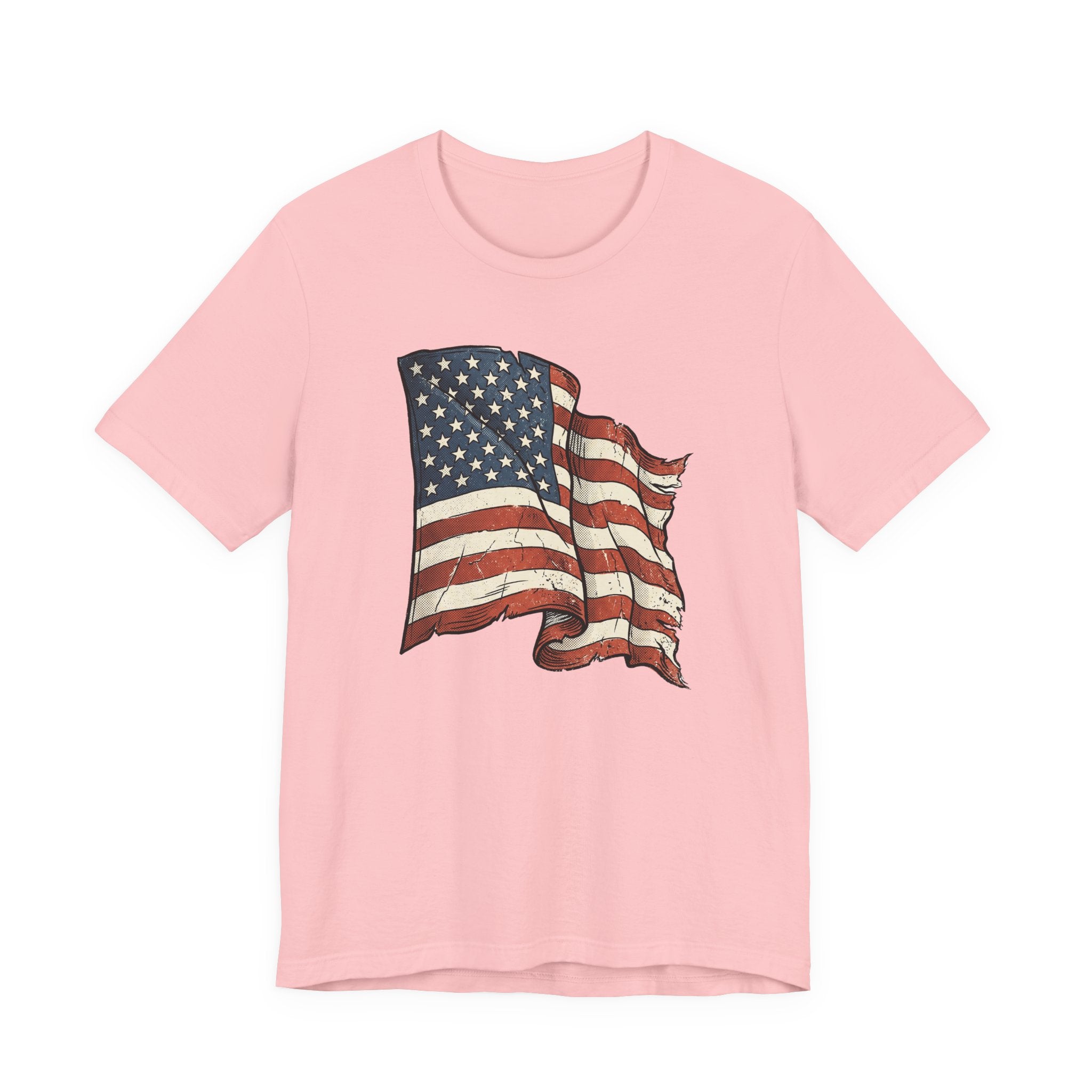 Pink crew-neck T-shirt with distressed waving American flag graphic