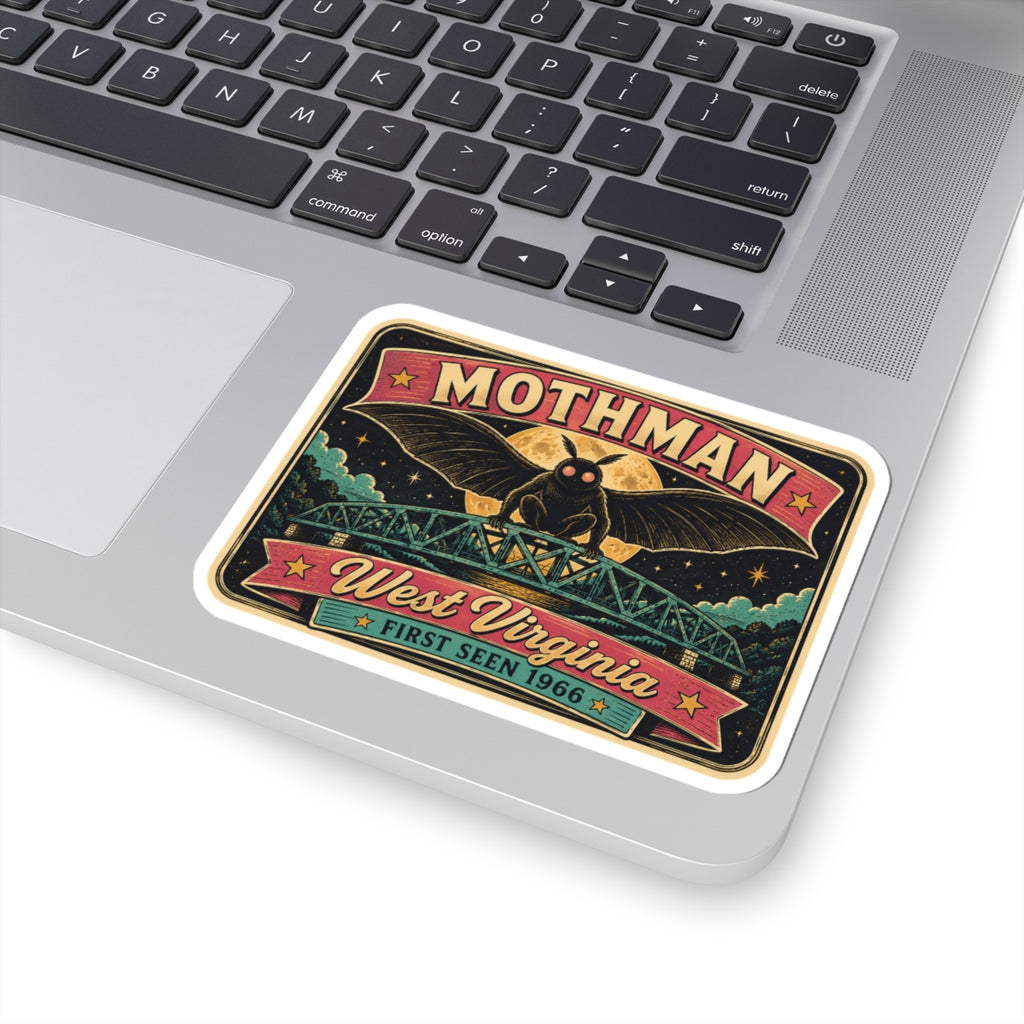 Kiss-cut sticker showing Mothman wings, bridge silhouette, and West Virginia “First Seen 1966”