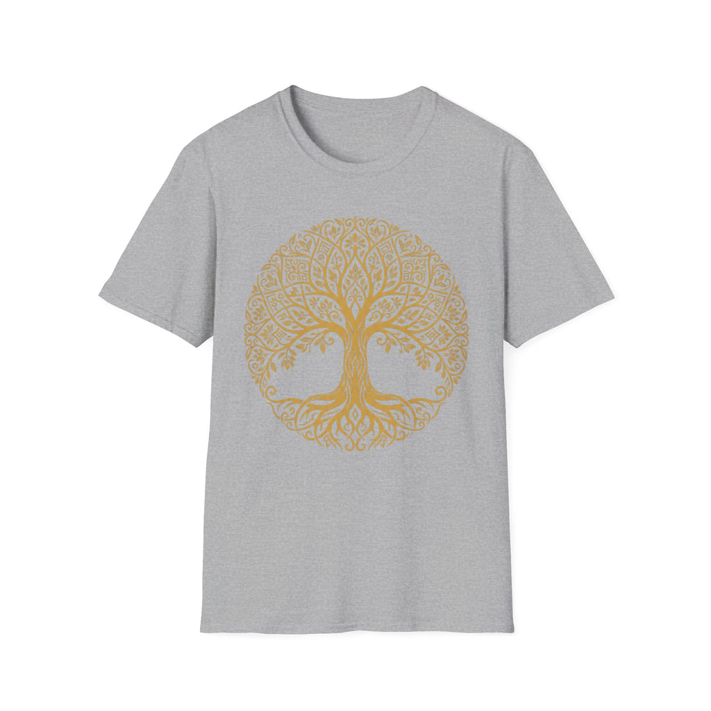 Gold Tree of Life T-shirt, Celtic mandala tree graphic on light gray tee