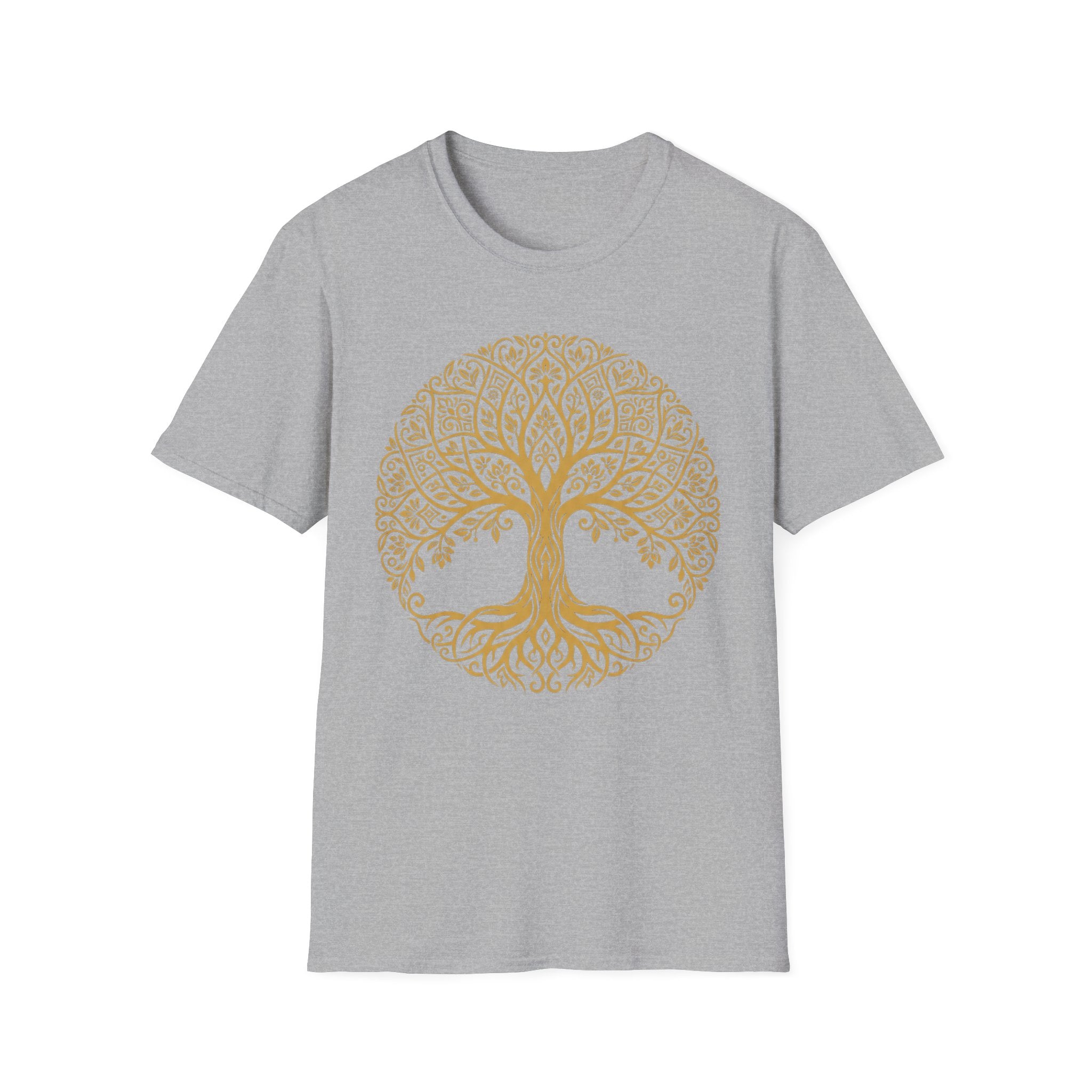 Gold Tree of Life T-shirt, Celtic mandala tree graphic on light gray tee