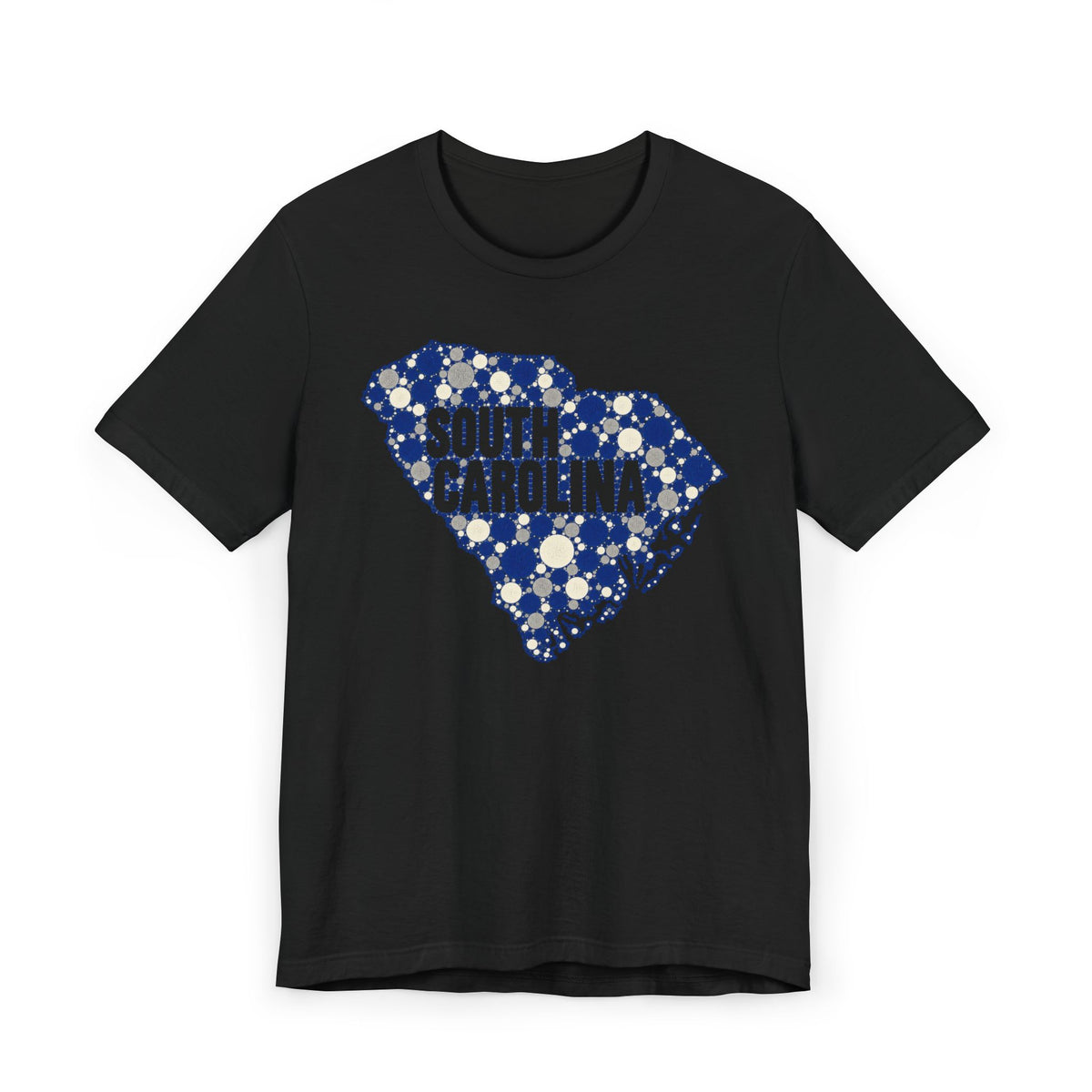 Black South Carolina floral map graphic T-shirt with blue dotted outline and text