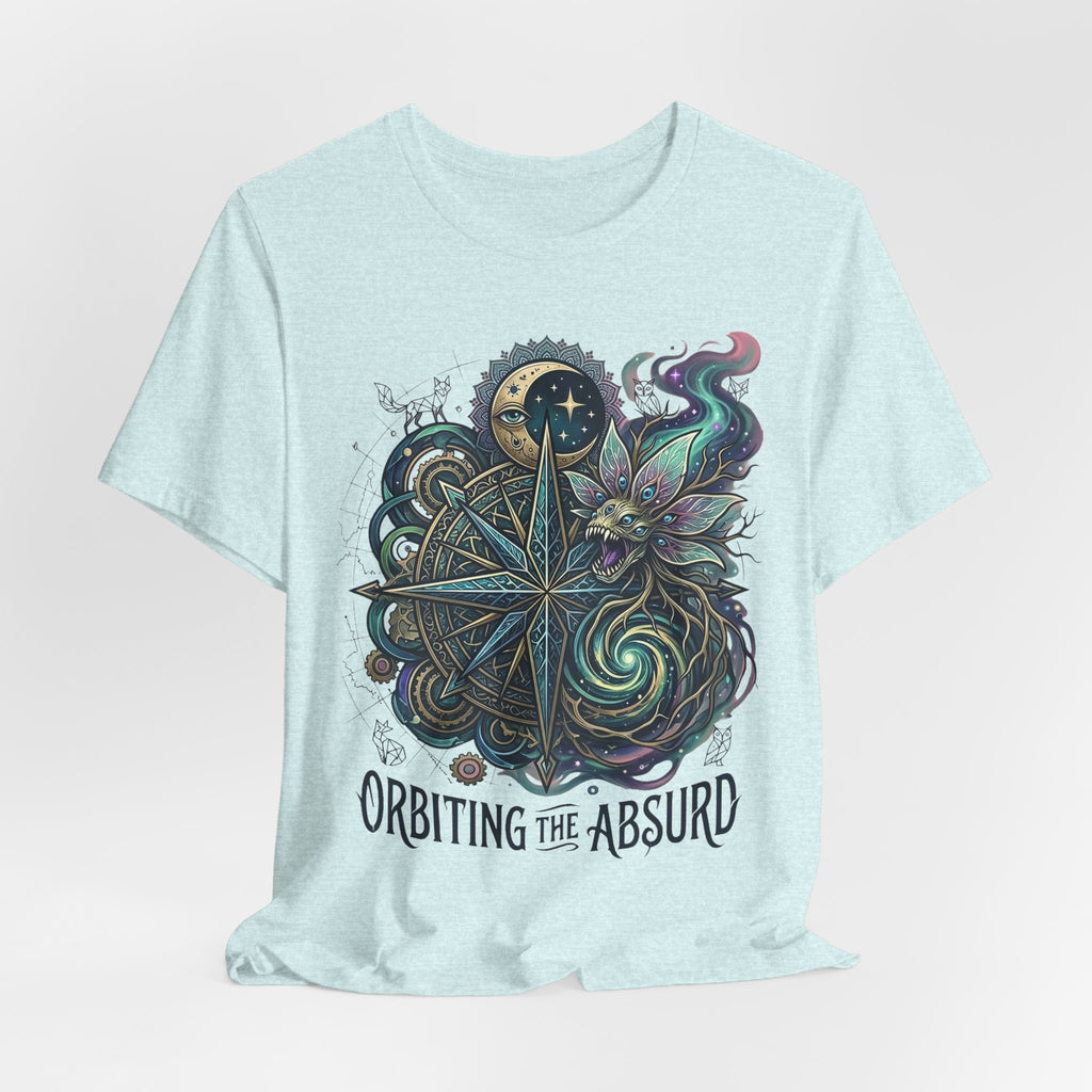 Heather aqua celestial compass cat T-shirt with 'ORBITTING THE ABSURD' text