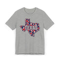 Heather gray Texas map graphic T-shirt with polka dot outline and “TEXAS” text