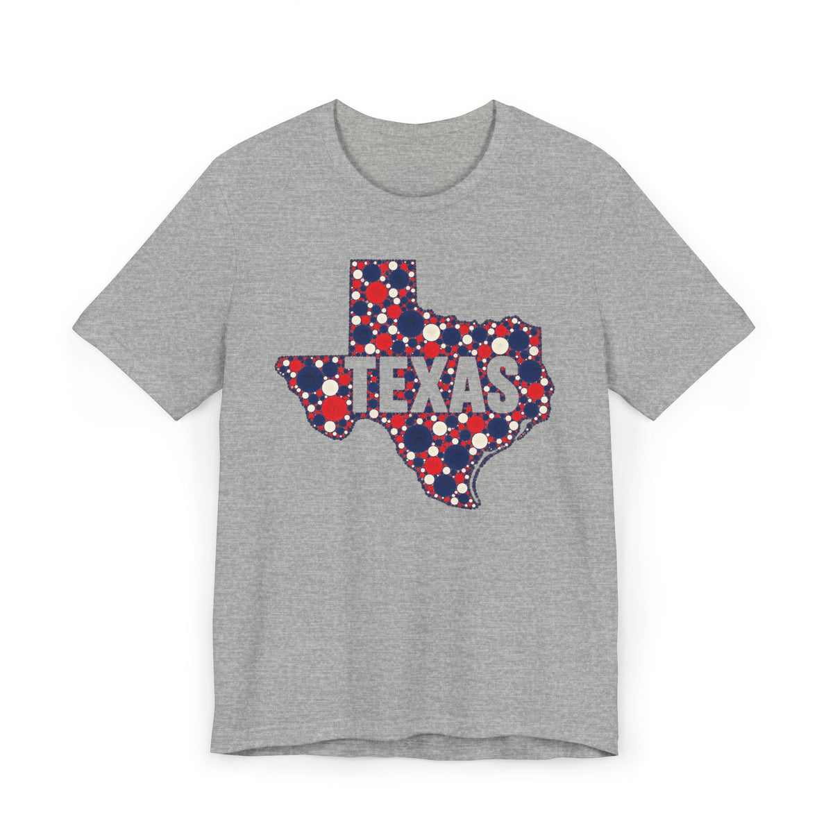 Heather gray Texas map graphic T-shirt with polka dot outline and “TEXAS” text