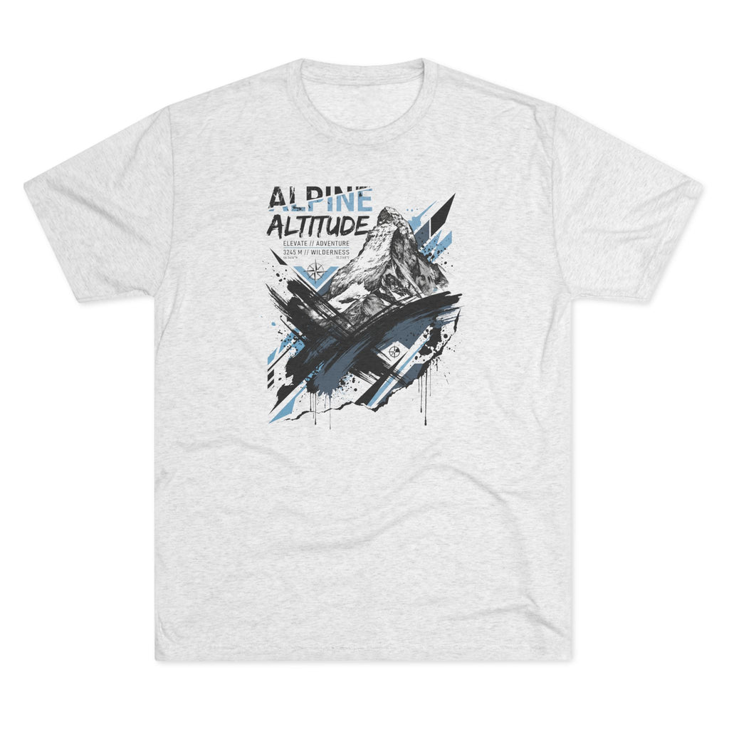 Light heather T-shirt with mountain peak graphic and blue accent paint splashes