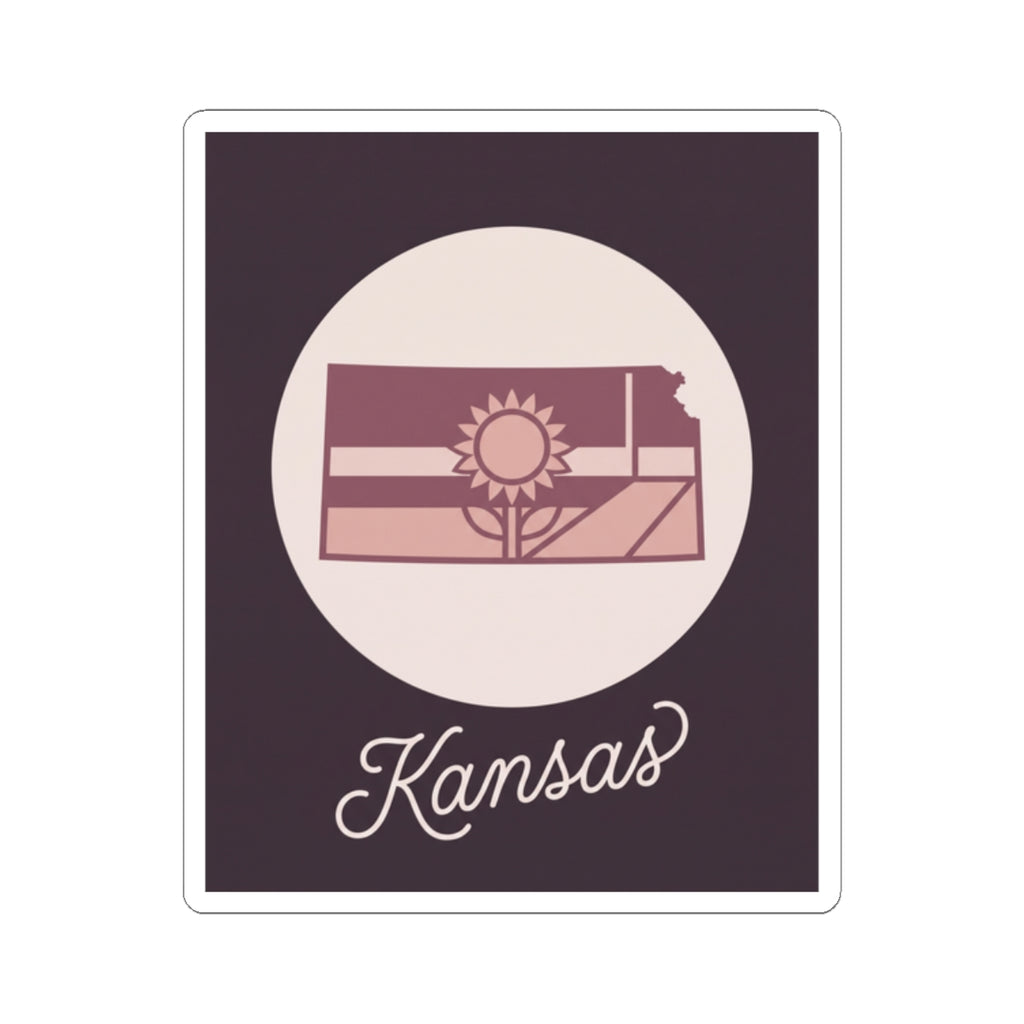 Kansas mauve outline sticker decal featuring state silhouette, sunburst, and “Kansas” wordmark