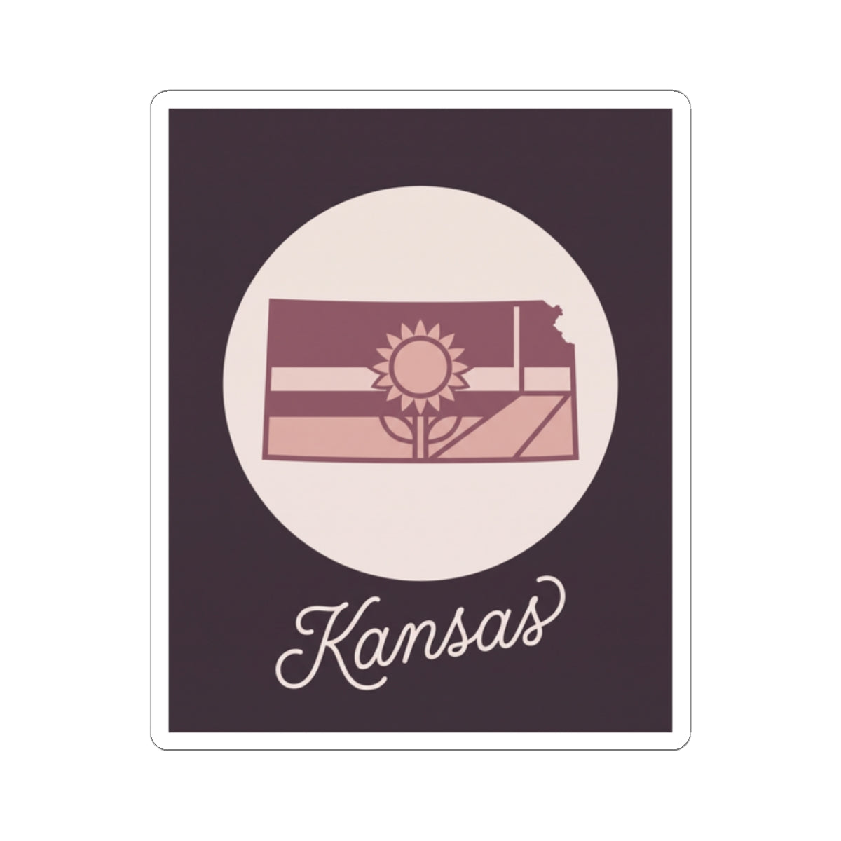 Kansas mauve outline sticker decal featuring state silhouette, sunburst, and “Kansas” wordmark