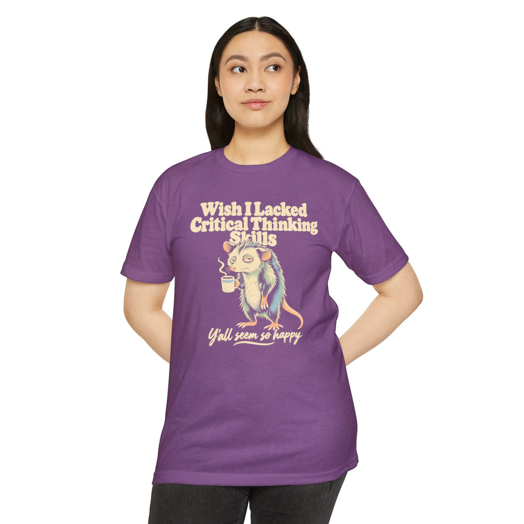 Short-sleeve purple T-shirt with opossum holding coffee and printed slogan