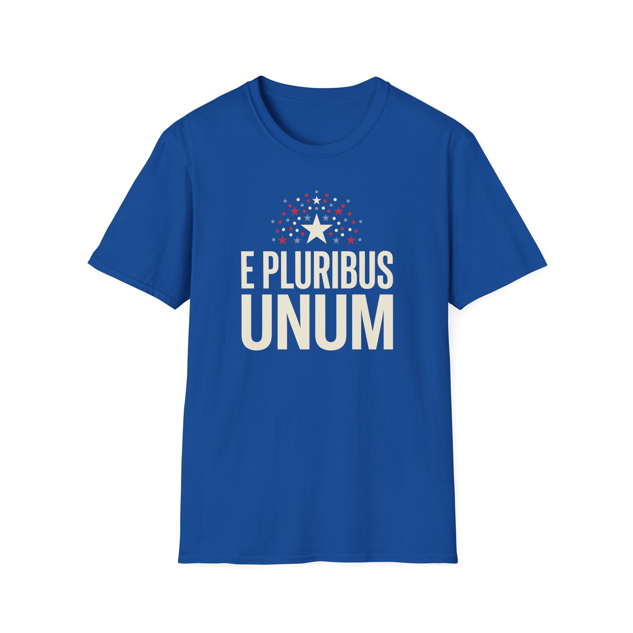 Royal blue crew-neck T-shirt with 'E PLURIBUS UNUM' starburst print