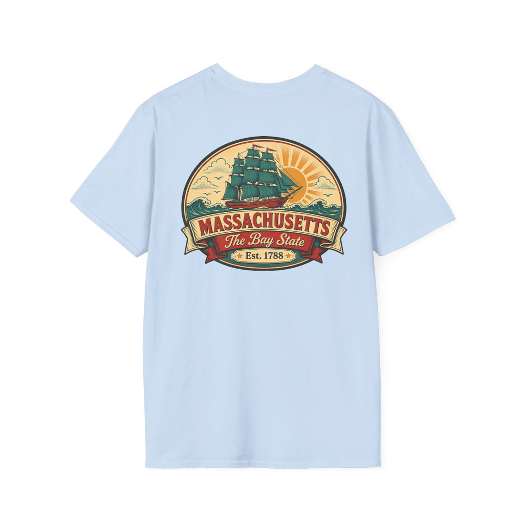 Light blue Massachusetts T-shirt with circular Bay State logo graphic on front