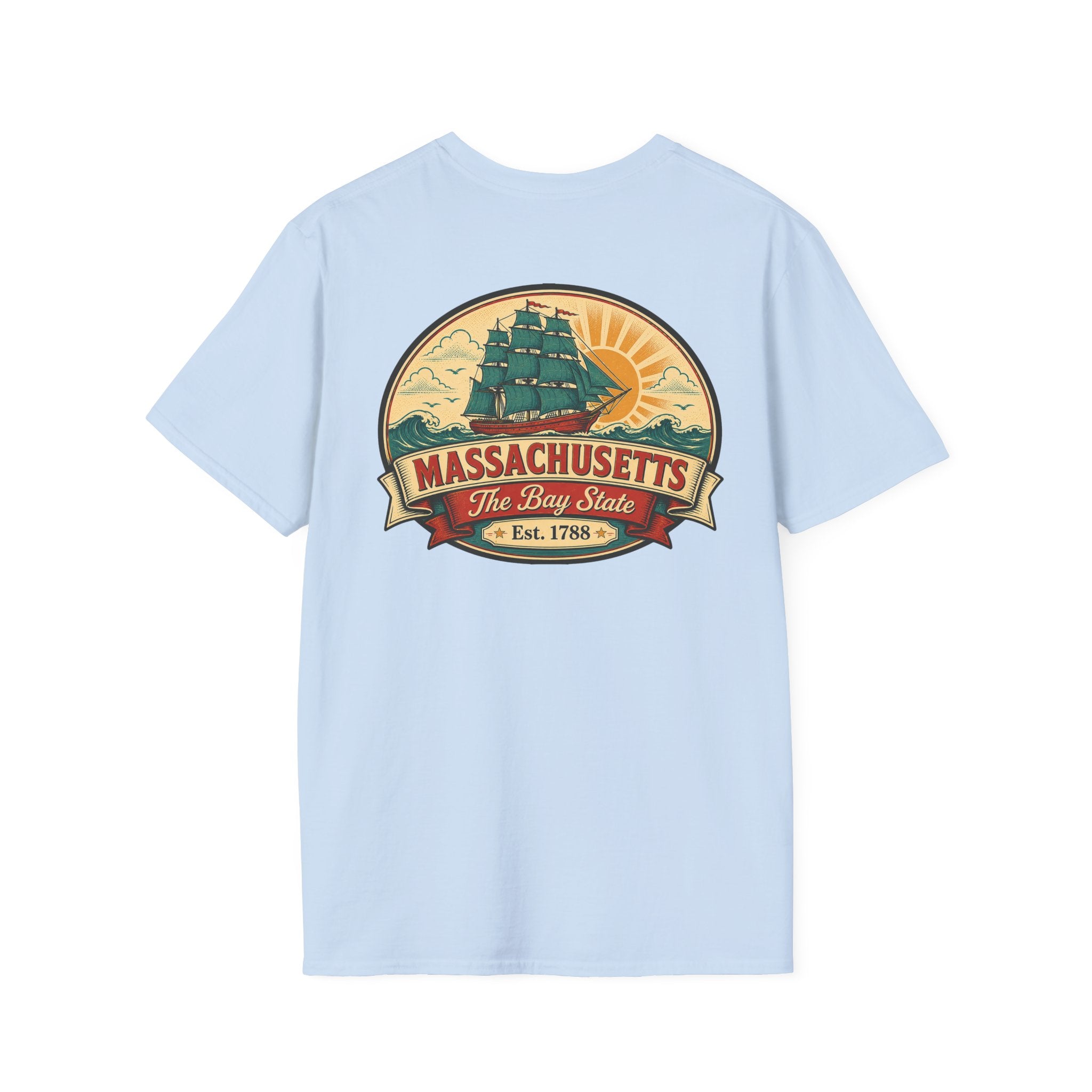Light blue Massachusetts T-shirt with circular Bay State logo graphic on front
