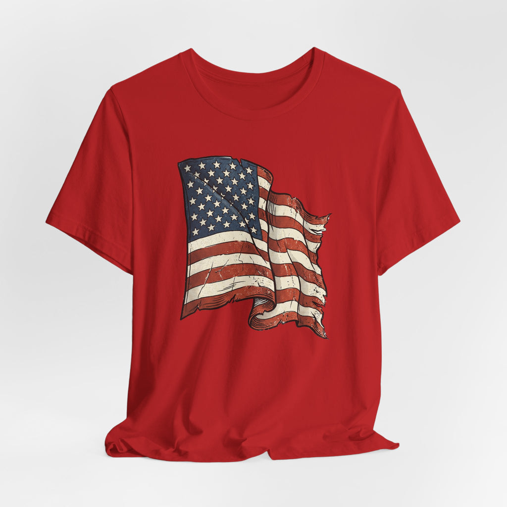 American flag graphic t-shirt, red, distressed waving stars and stripes flag front