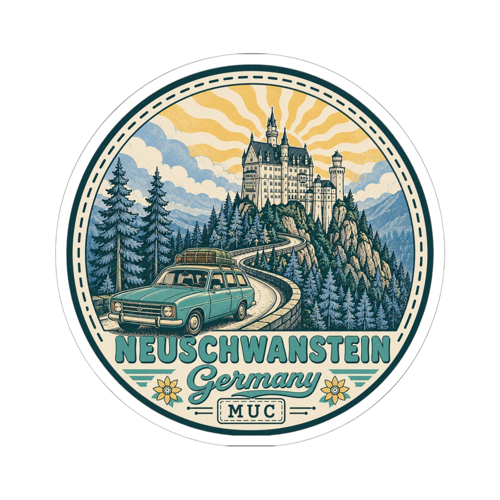 Circular kiss-cut sticker showing Neuschwanstein Castle, mountain scenery, pine trees, and vintage car.