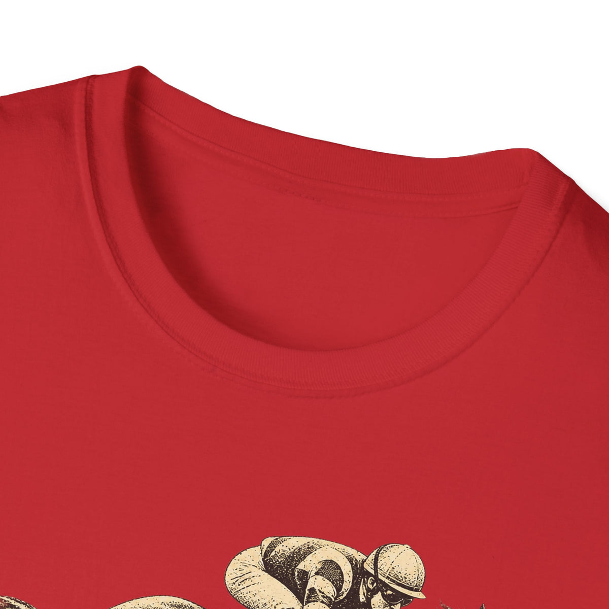 Red crewneck t-shirt with partial jockey racehorse graphic near the hem