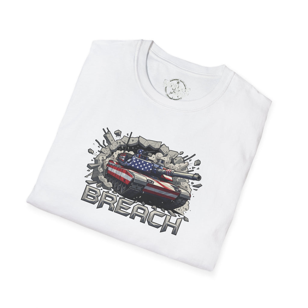 White tank breach T-shirt with American flag graphic and "BREACH" text