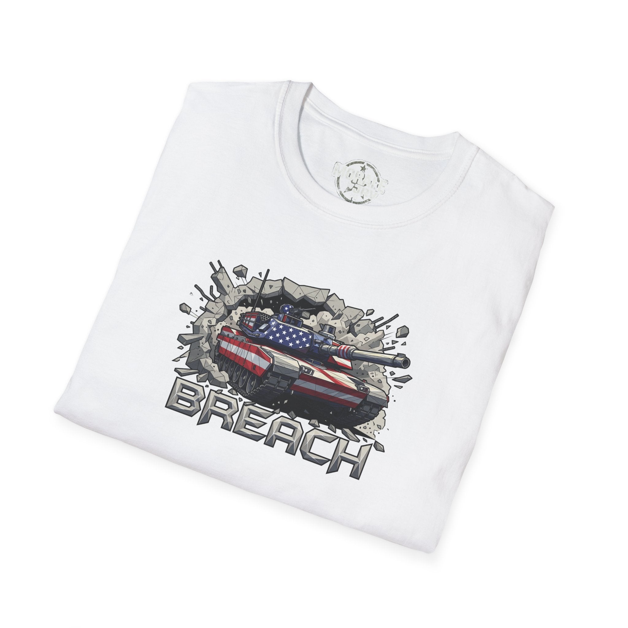 White tank breach T-shirt with American flag graphic and "BREACH" text
