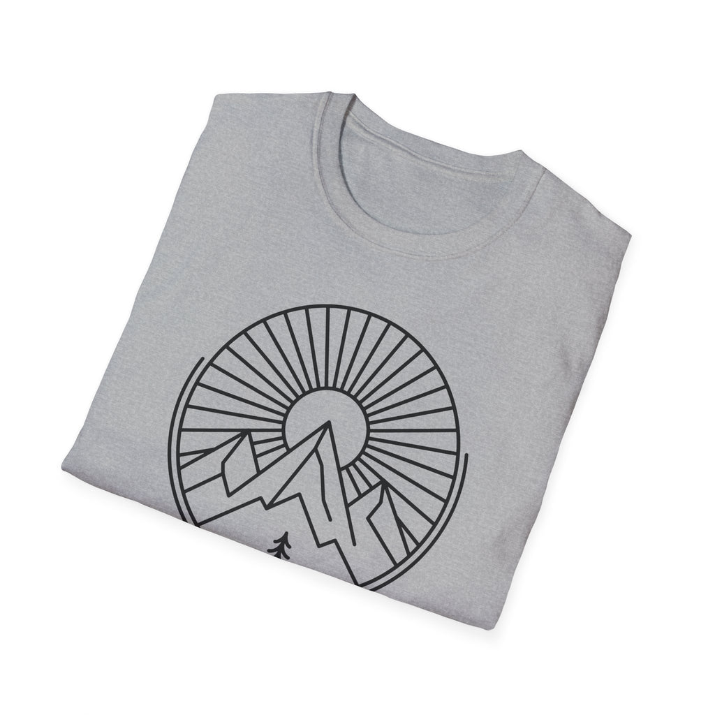 Sport gray unisex T-shirt with white mountain sunrise emblem and tree icon.