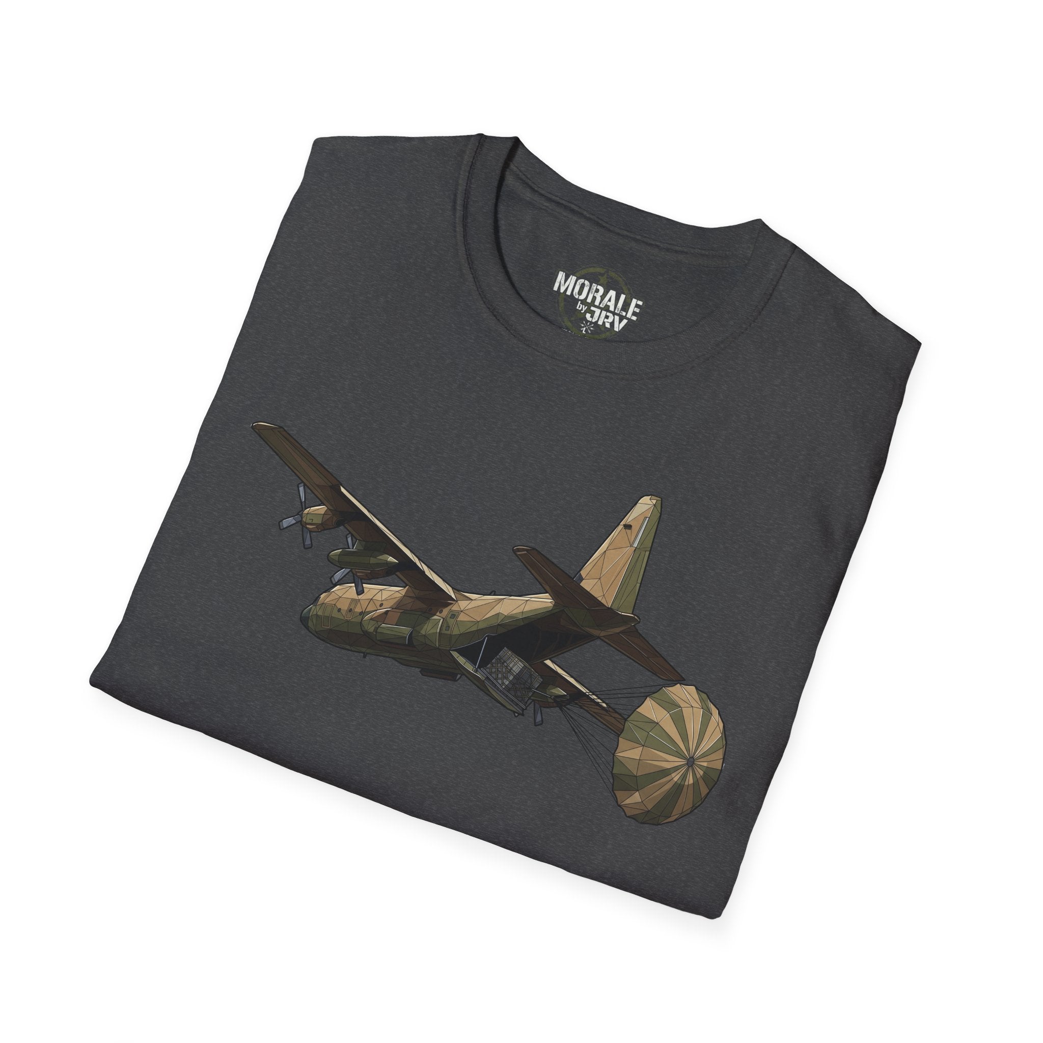 Dark Heather C-130 cargo plane graphic T-shirt, folded front with full design