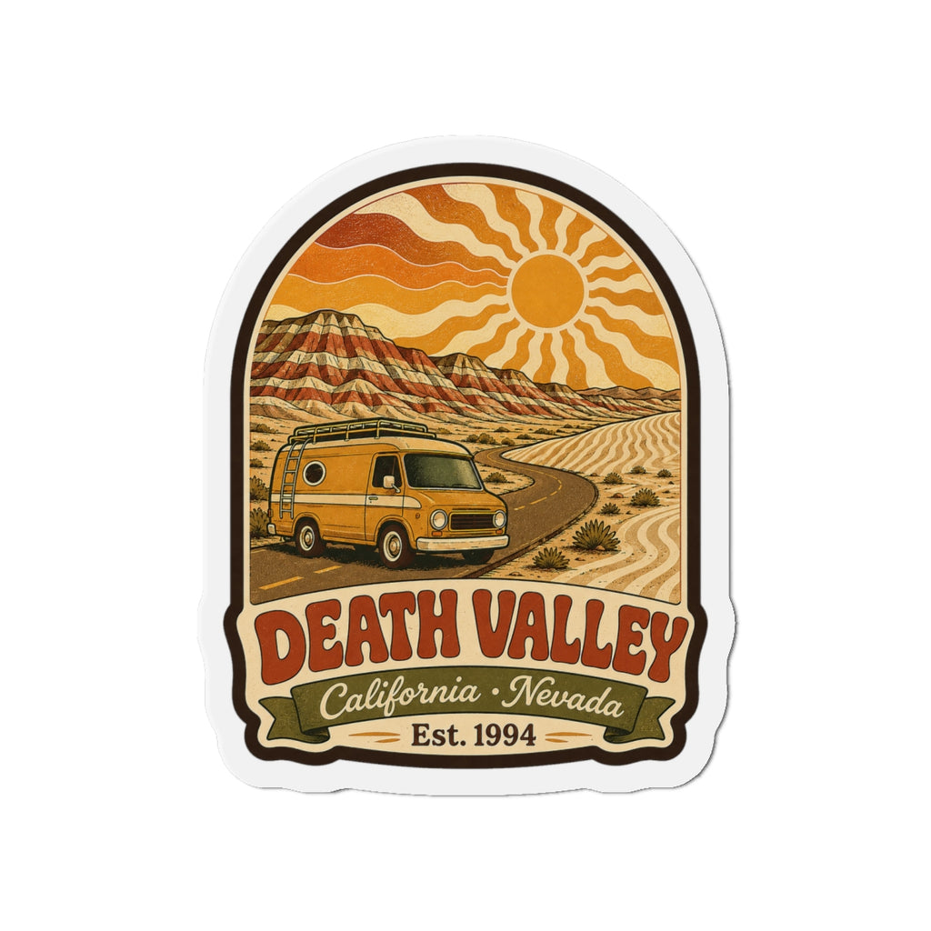 Die-cut Death Valley fridge magnet with desert hills, yellow van, and sun above