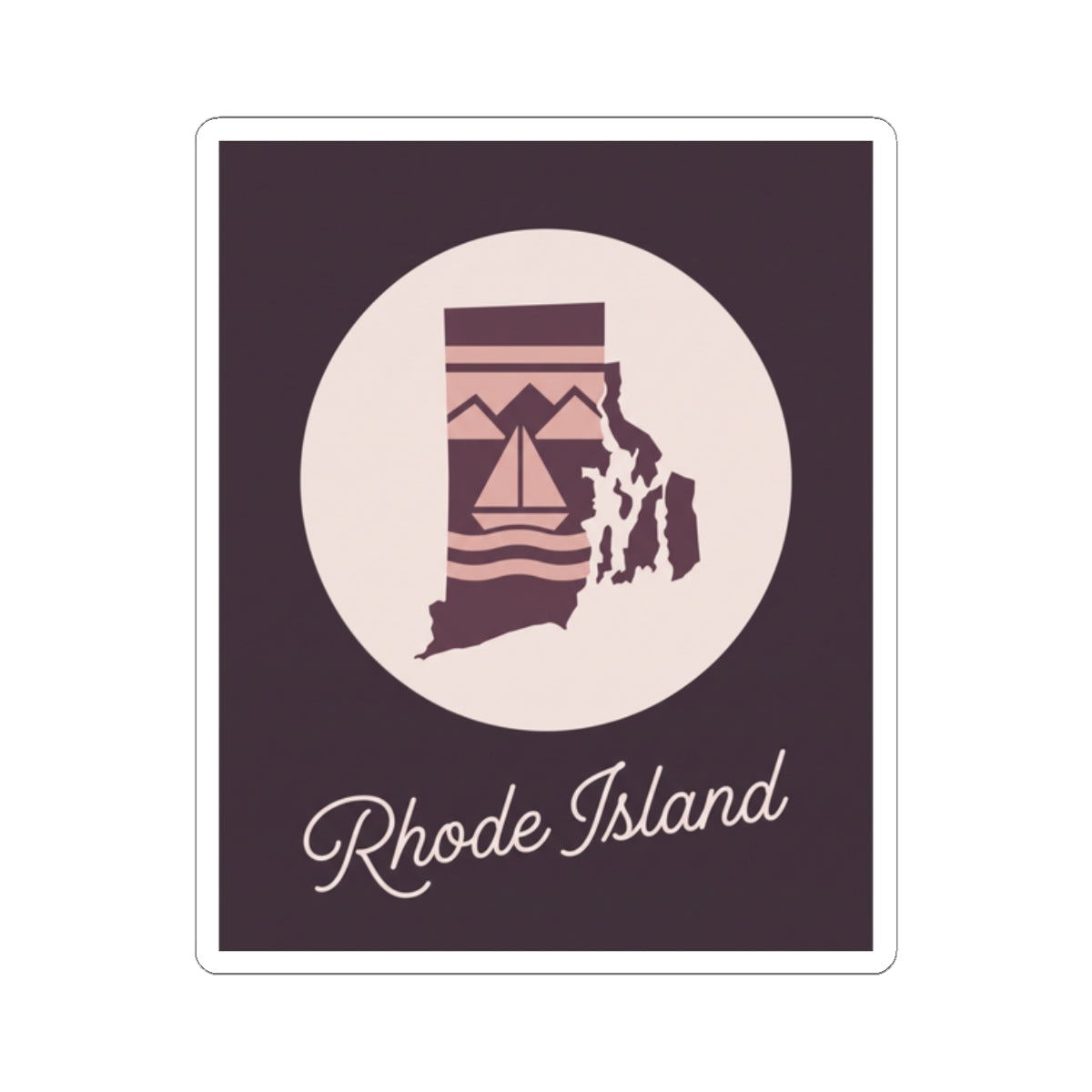 Rhode Island state silhouette decal with lighthouse illustration and white 'Rhode Island' script
