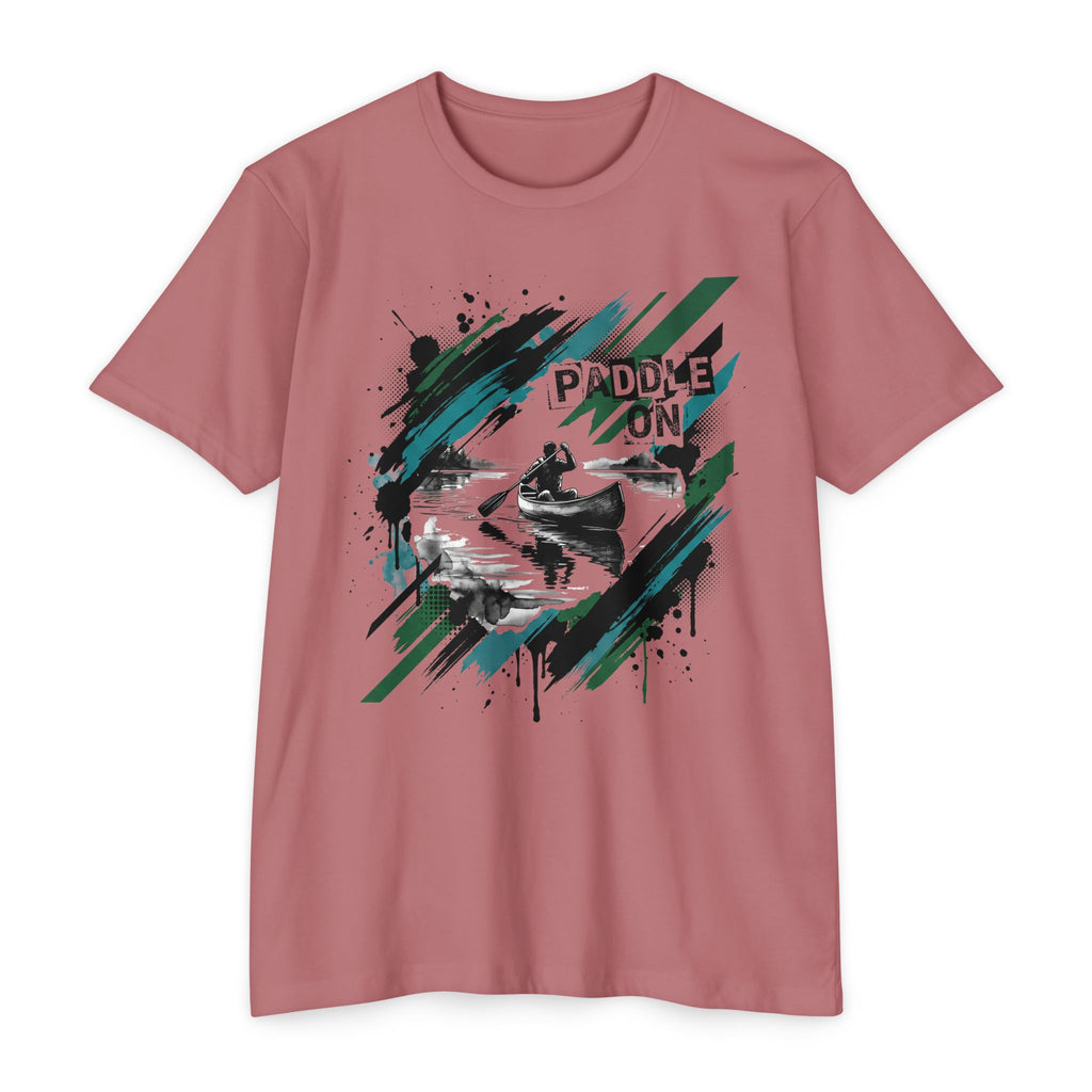 Rose pink short-sleeve T-shirt with “PADDLE ON” kayak graphic on the front
