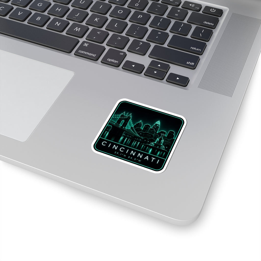 Cincinnati neon city skyline sticker, square teal and green with “CINCINNATI” text