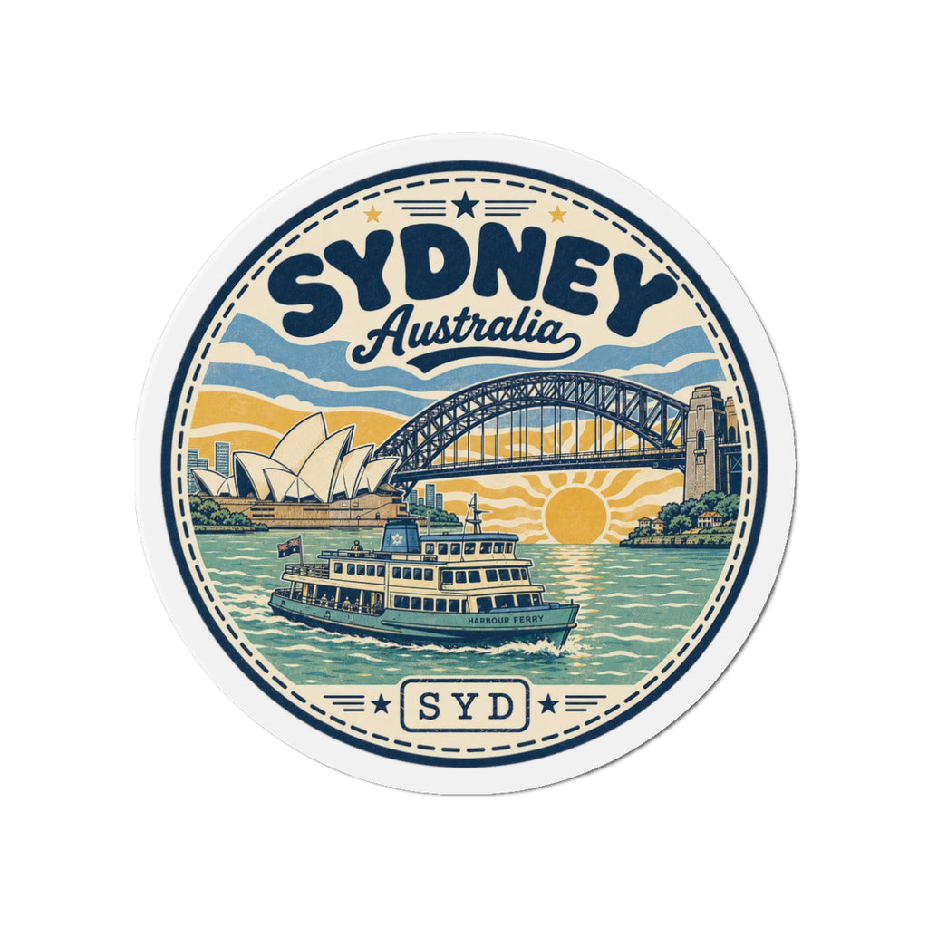 Round die-cut magnet showing Sydney Harbour Bridge, Opera House sails, and harbour ferry