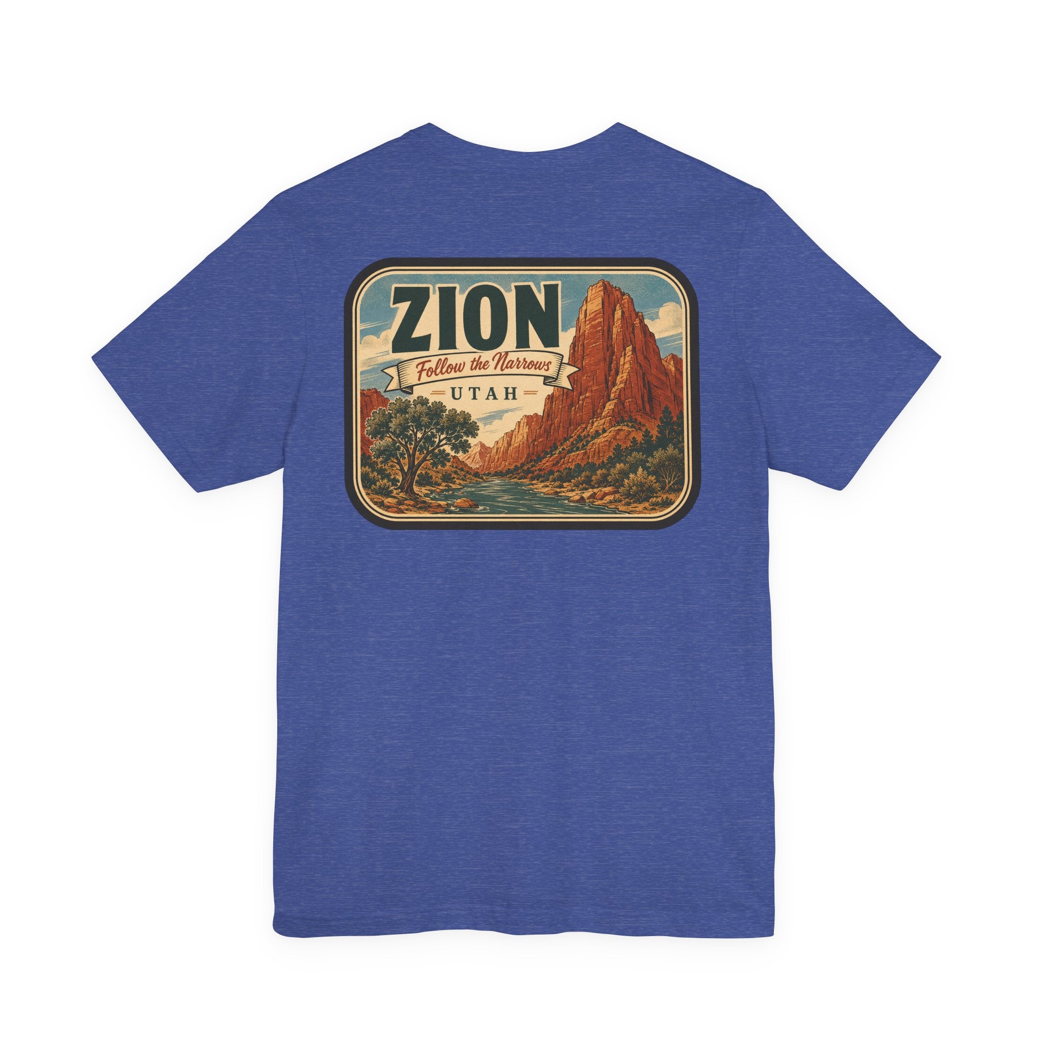 Blue t-shirt with large back graphic: “ZION” and Utah landscape scenery inside a badge.