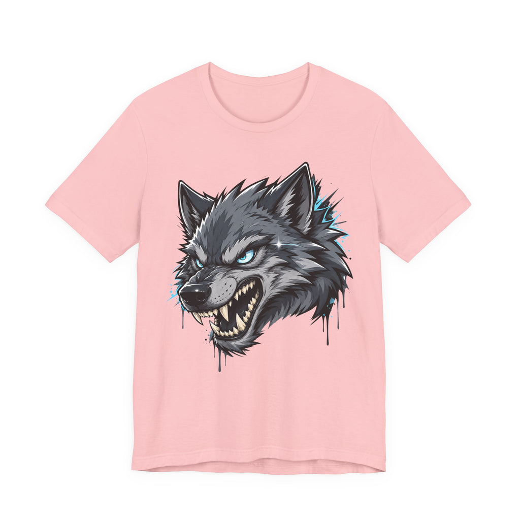 Light pink wolf head graphic t-shirt with snarling wolf face and teal accents