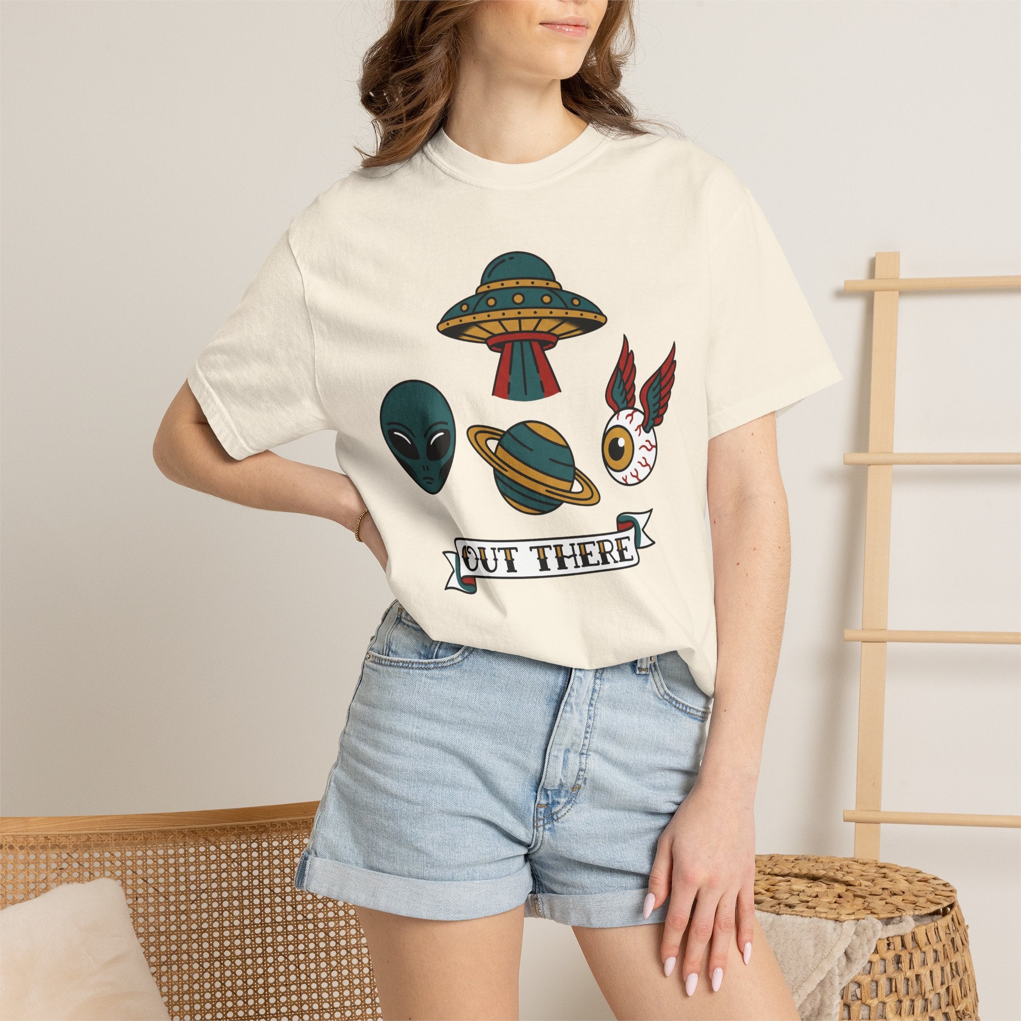 Ivory crewneck T-shirt with alien, UFO, and 'Out There' graphic