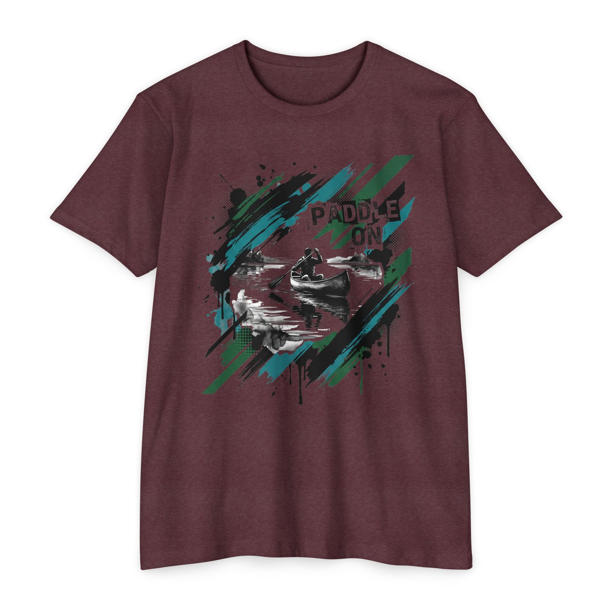 Brownish heather short-sleeve T-shirt with “PADDLE ON” kayak graphic on the front
