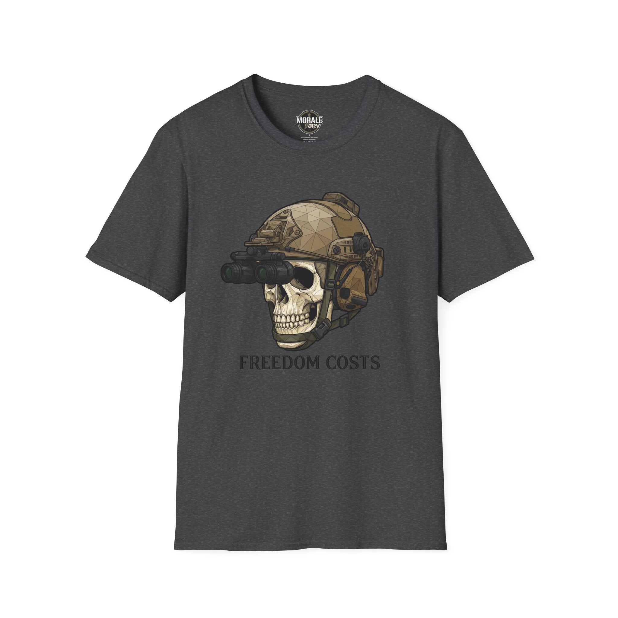 Freedom Costs skull tactical helmet graphic T-shirt, charcoal with NVG goggles