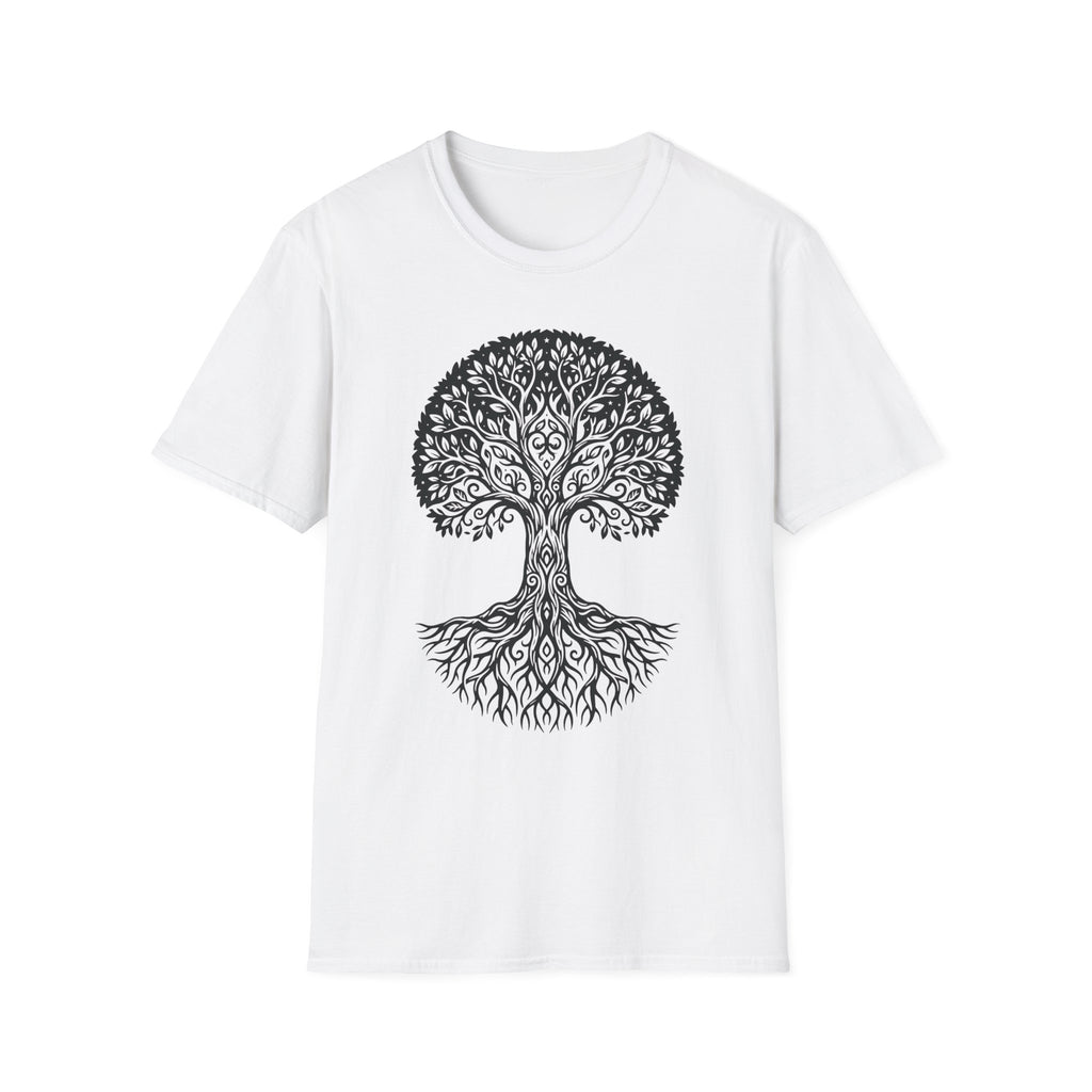 Tree of Life T-shirt, white; ornate botanical tree graphic in black ink at center chest