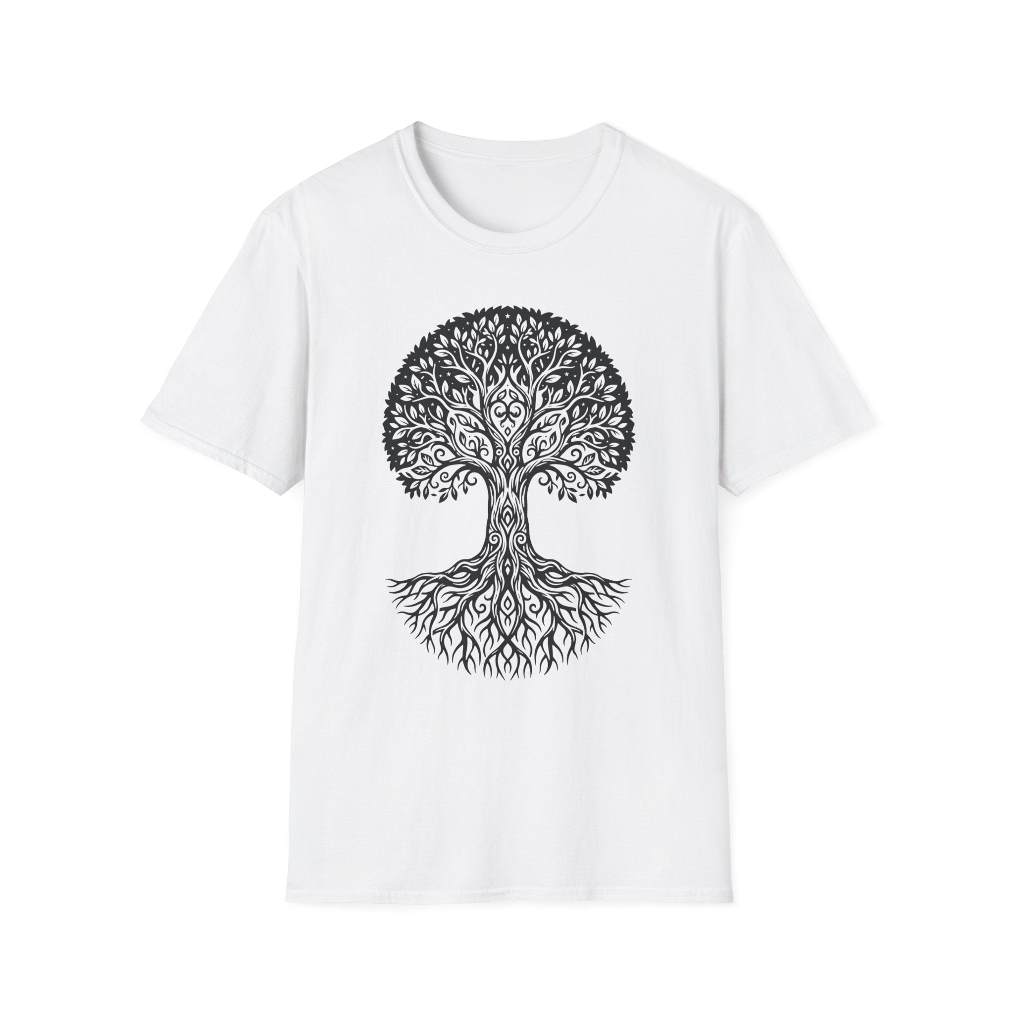 Tree of Life T-shirt, white; ornate botanical tree graphic in black ink at center chest