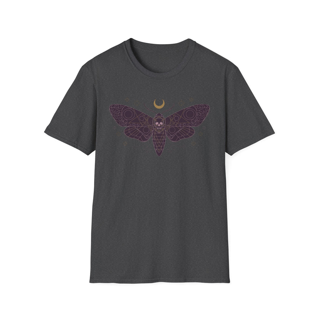 Dark gray T-shirt with purple moth skull and crescent moon graphic