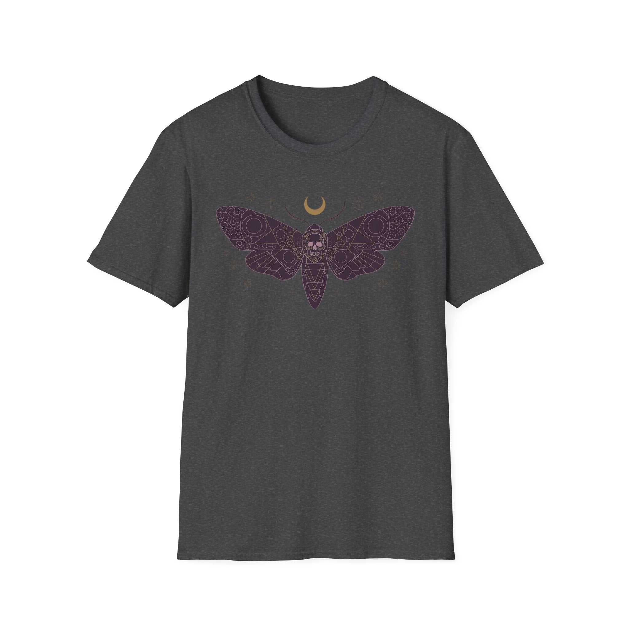Dark gray T-shirt with purple moth skull and crescent moon graphic
