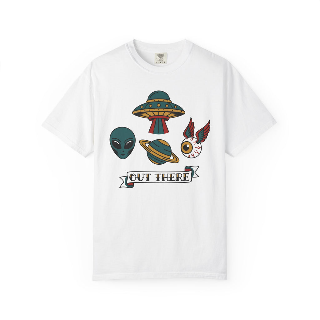 White T-shirt with alien, UFO, and “OUT THERE” banner graphic at center