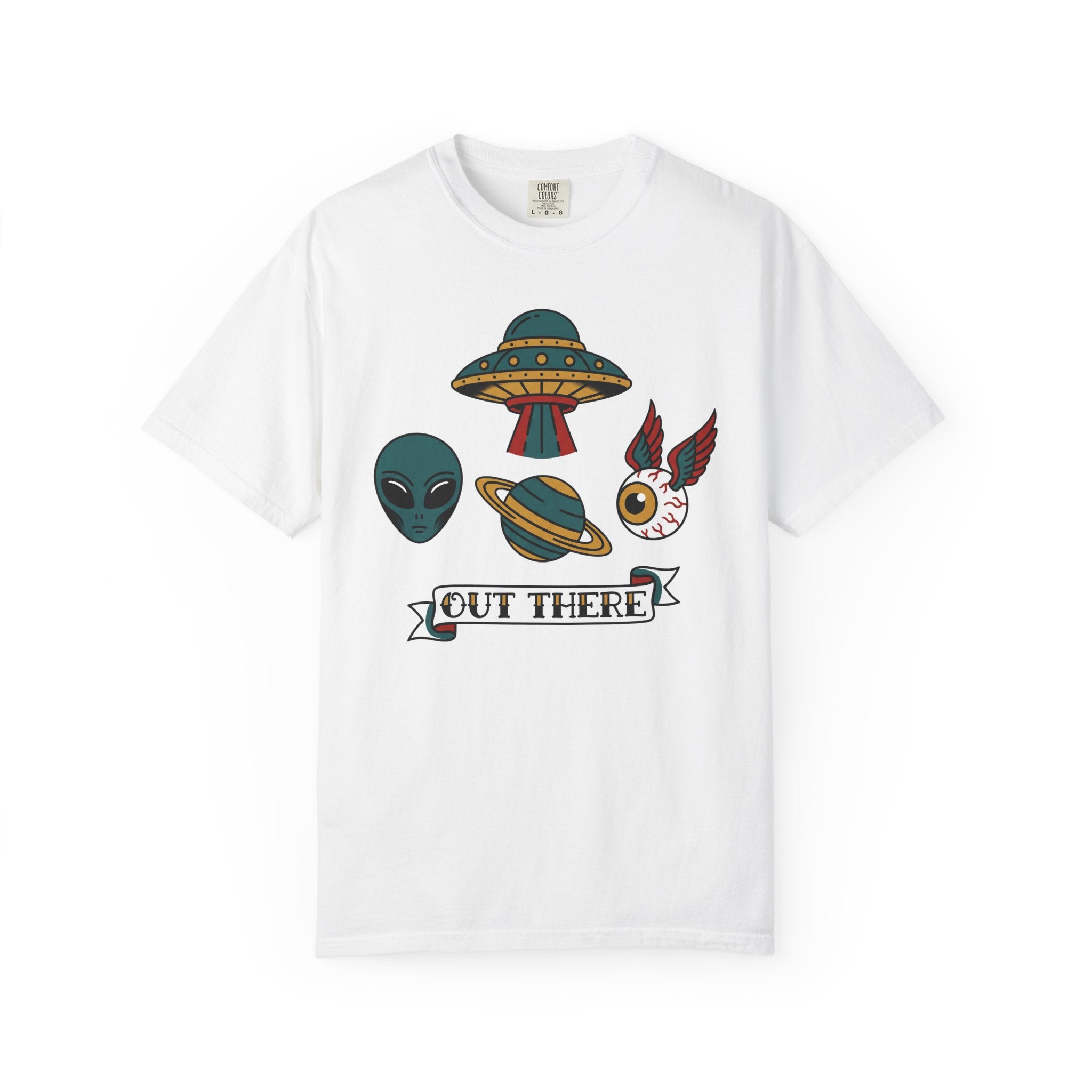 White T-shirt with alien, UFO, and “OUT THERE” banner graphic at center
