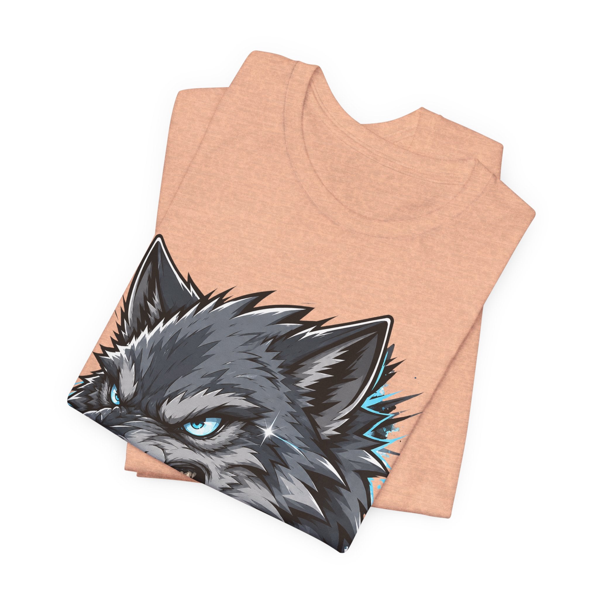 Peach heather t-shirt with snarling wolf head graphic patch-style print