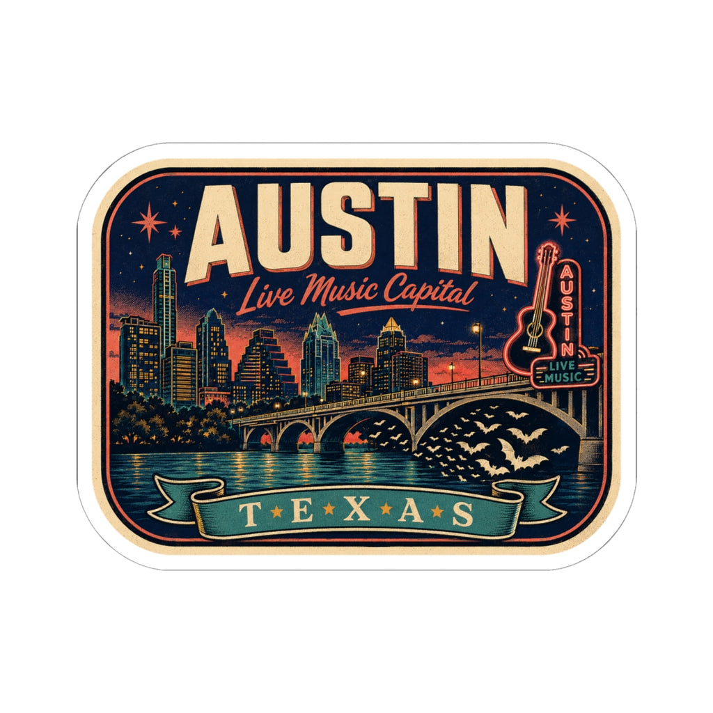 Austin luggage tag sticker with skyline, guitar icon, and “Texas” ribbon