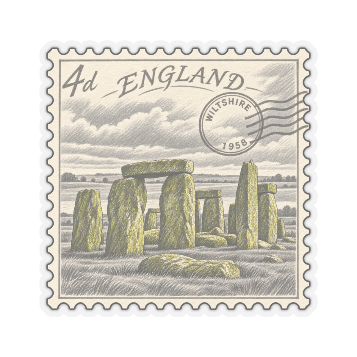 Stonehenge England stamp sticker with gray sky, green stones, and “WILTSHIRE 1958”