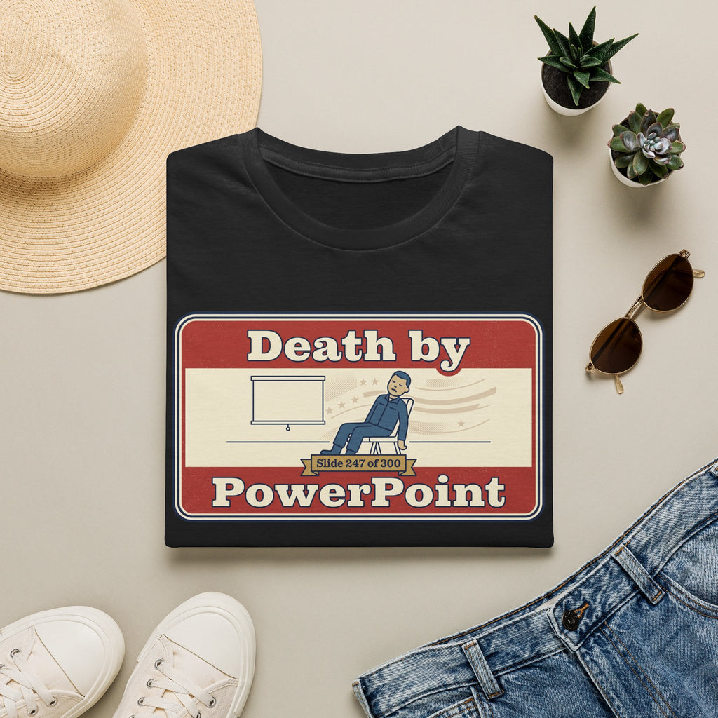 Black T-shirt with 'Death by PowerPoint' presentation graphic, crew neck.
