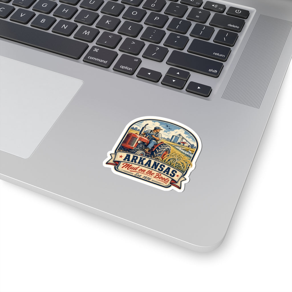 Rounded kiss-cut sticker with Arkansas text, tractor and boot artwork