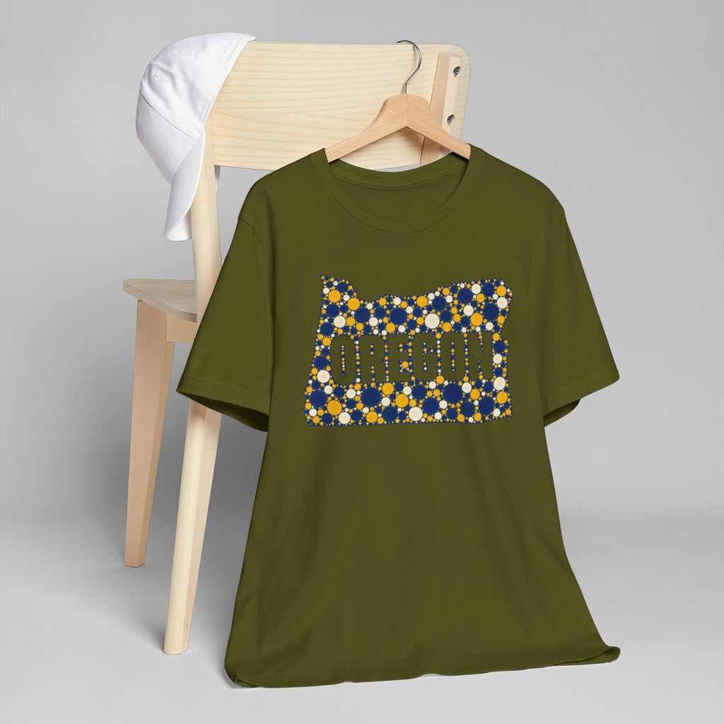 Olive green short-sleeve T-shirt with Oregon polka dot graphic front