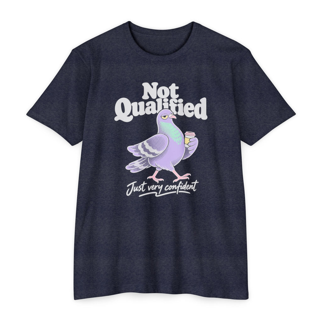 Dark navy crew-neck T-shirt with Not Qualified pigeon graphic